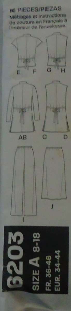 NEW LOOK PATTERNS 6203 MANDARIN COLLAR TOPS SIZES 8 - 18 NOTE ONLY PART PATTERN SUPPLIED