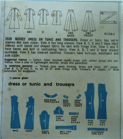 STYLE 3520 DRESS-TUNIC-PANTS SIZE 12 BUST 34` COMPLETE-UNCUT-F/FOLDED