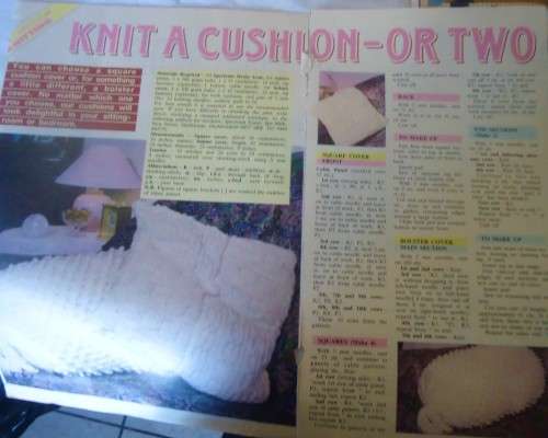 KNIT: A CUSHION OR TWO - SIZE SQUARE 14 CM BOLSTER 61 CM