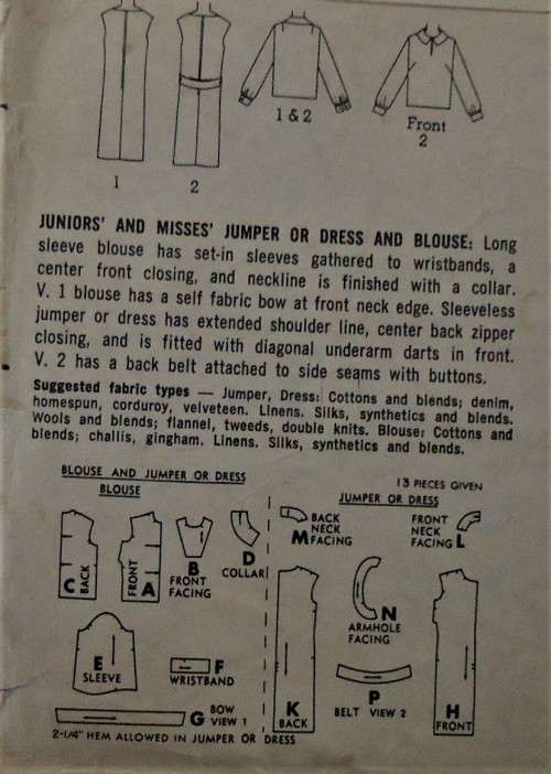 VINTAGE SIMPLICITY PATTERN 5113 PINAFORE & BLOUSE SIZE 16 BUST 36 COMPLETE-ZIPLOC BAG