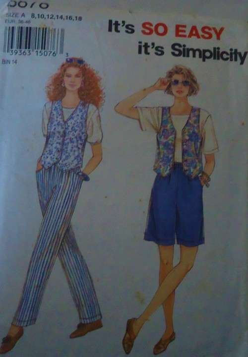 SIMPLICITY 8878 PULL ON PANTS R SHORTS-LINED WAISTCOAT SIZE A=8-18 COMPLETE-ZIPLOC
