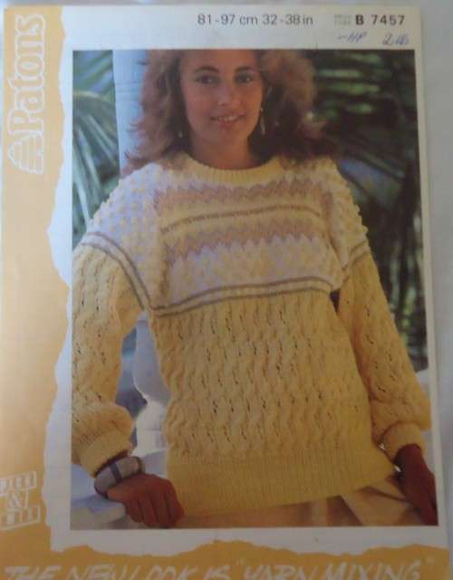 PATONS B 7457 TEXTURED COTTON MIX SWEATER -SIZES 32-38` 81 -97 CM