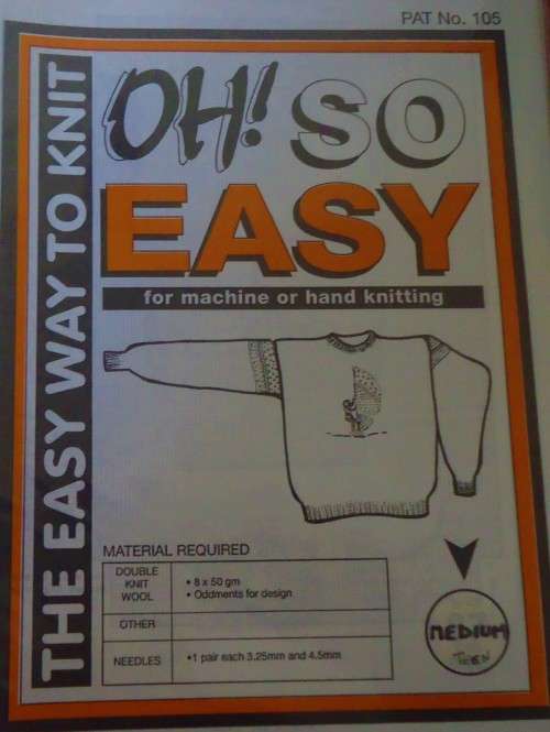OH SO EASY KNITTING 105 HAND OR MACHINE ROUND NECK DROP SHOULDER SWEATER TEEN MEDIUM SIZE 87 CM