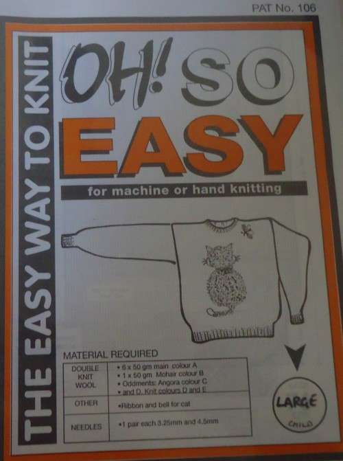 OH SO EASY KNITTING 106 HAND OR MACHINE ROUND NECK SWEATER WITH CATS CHILD LARGE 71-76 CM