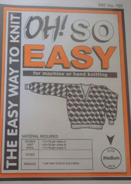 OH SO EASY KNITTING 107 HAND OR MACHINE V NECK DROP SHOULDER SWEATER WITH BLOCKS  MEN MEDIUM 102 CM