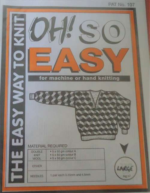 OH SO EASY KNITTING 107 HAND OR MACHINE V NECK DROP SHOULDER SWEATER + BLOCKS MEN LARGE 107/112 CM