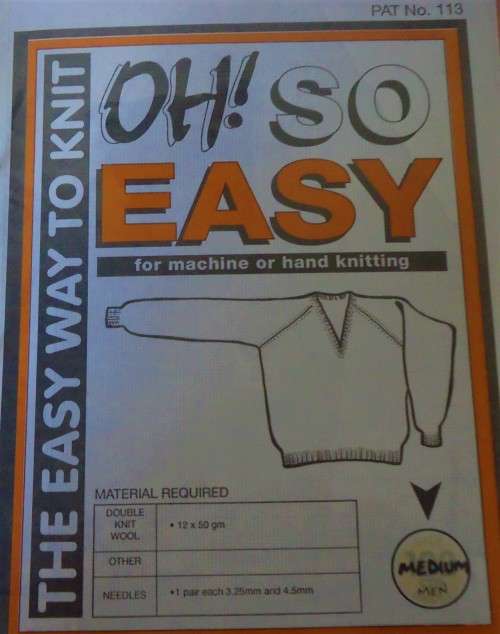 OH SO EASY KNITTING 113 HAND OR MACHINE V NECK RAGLAN SWEATER FOR MEN  MEDIUM 102M