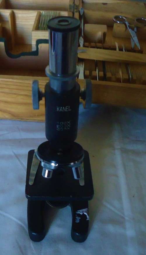 VINTAGE KANEL 300x MINI MICROSCOPE IN WOODEN CASE WITH  ACCESSORIES