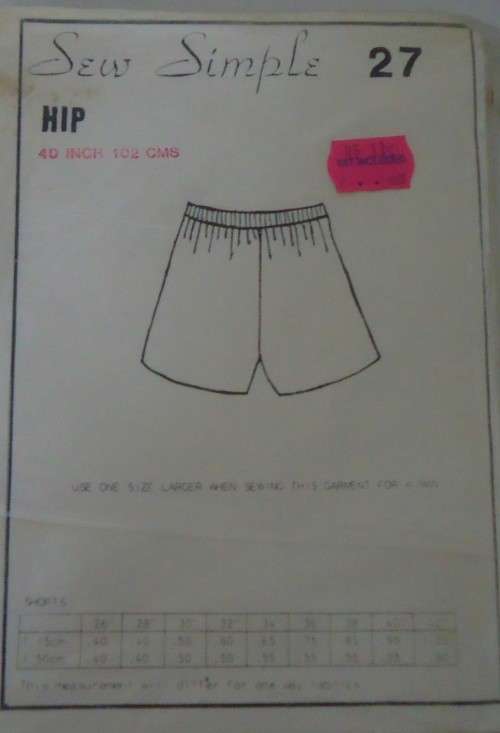 SEW SIMPLE PATTERNS #27 SHORTS  SIZE 40` OR 102 CM