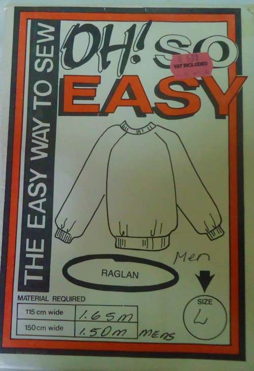 OH SO EASY PATTERN MEN`S RAGLAN SWEATSHIRT SIZE L