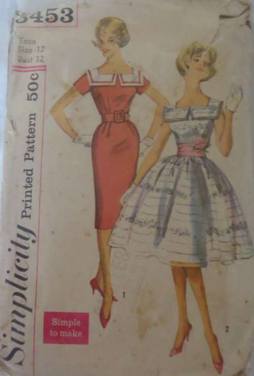 VINTAGE SIMPLICITY  3453 ONE PIECE DRESS WITH 2 SKIRTS SIZE 12 BUST 32" SEE LISTING  -ZIPLOC BAG