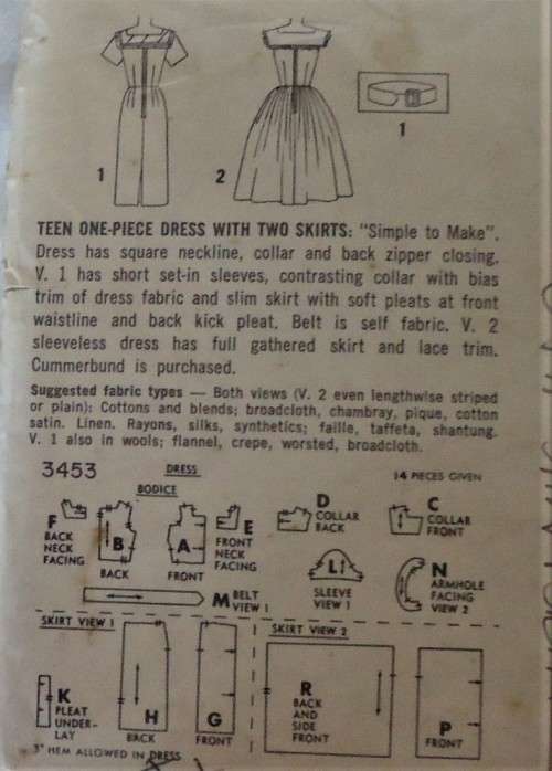 VINTAGE SIMPLICITY  3453 ONE PIECE DRESS WITH 2 SKIRTS SIZE 12 BUST 32" SEE LISTING  -ZIPLOC BAG