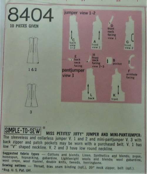 SIMPLICITY 8404 PINAFORE AND PINAFORE-PANTS SIZE 10  BUST 32 1/2` COMPLETE-PART CUT