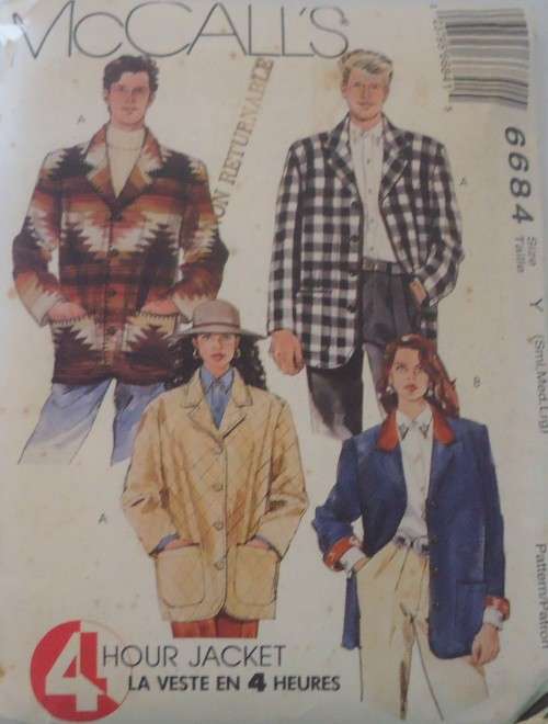 McCALLS 6684 UNISEX LINED OR UNLINED JACKET SIZE YS-M-L (34-44`) COMPLETE