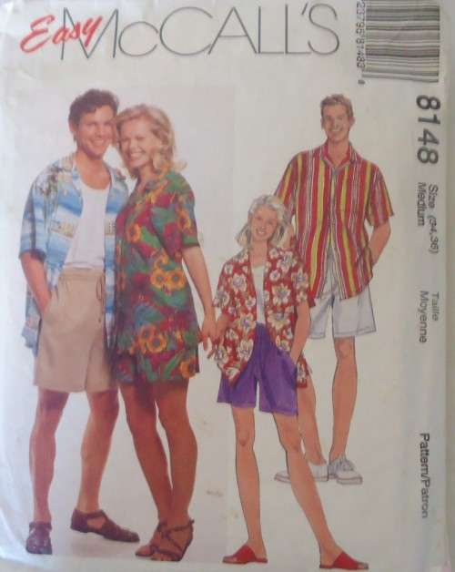 McCALLS 8148 UNISEX SHIRT & SHORTS  SIZE 34-36` COMPLETE-MOSTLY UNCUT