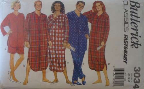 BUTTERICK PATTERN 3034 UNISEX PJS - NIGHTSHIRT-TOP-SHORTS-PANTS SIZE XS-S-M (30-40") COMPLETE