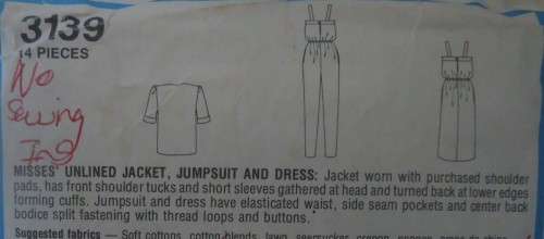 STYLE 3139 UNLINED JACKET-JUMPSUIT-DRESS SIZE 12 BUST 87 CM - NO SEWING INSTRUCTIONS