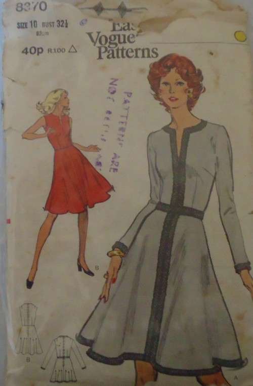 VERY EASY VOGUE  8370 DRESS SIZE 10 BUST 32 1/2" NO SEWING INSTRUCTIONS-ZIPLOC BAG