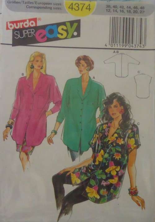 BURDA 4374 OVERSIZE SHIRT/TOP  SIZE 10-12-14-16-18-20-22 COMPLETE