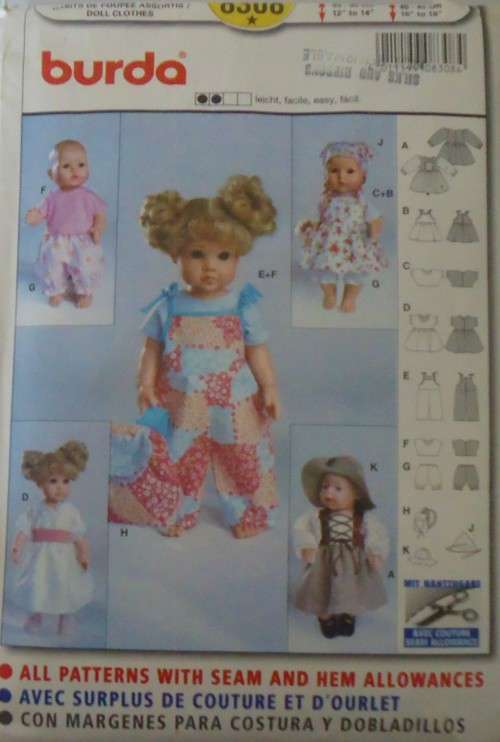 BURDA 8308  DOLL WARDROBE SIZE 12-14" OR 30-35 CM  & 16-18" OR 40-45 CM COMPLETE-UNCUT-F/FOLDED
