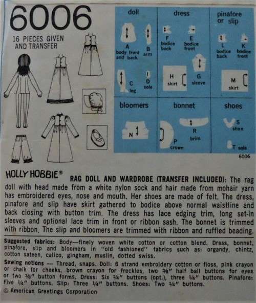 SIMPLICITY 6006 HOLLY HOBBIE STUFFED DOLL - RAG DOLL & WARDROBE WITH TRANSFER