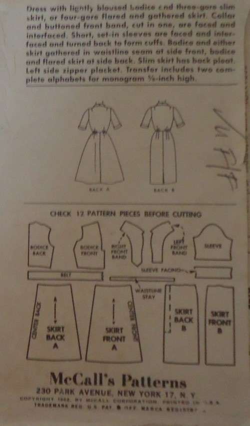 VERY VINTAGE McCALLS 6389  DRESS -SLIM OR FULL SKIRT & TRANSFER SIZE 16 BUST 36" COMPLETE-UNCUT-F/F