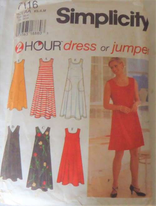 SIMPLICITY 7116 PULLOVER FLARED DRESS  SIZE AA=XS-S-M (30-38") COMPLETE