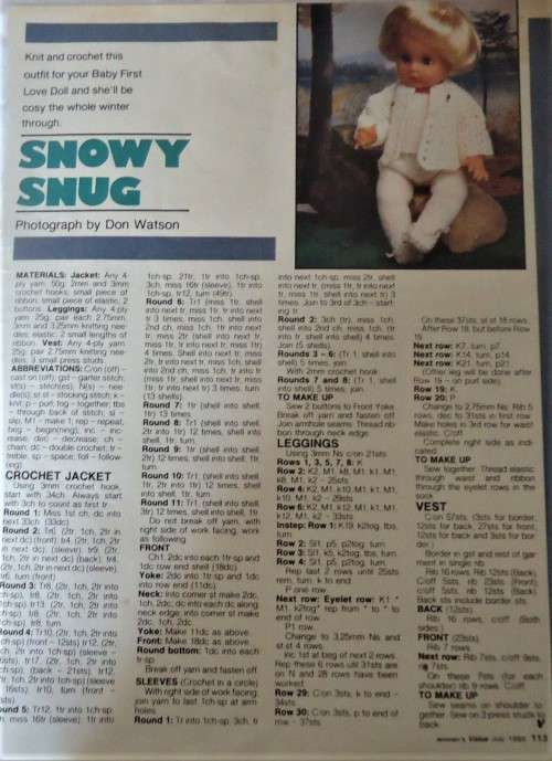FIRST LOVE-SNOWY SNUG-CROCHET JACKET-KNIT VEST & LEGGINGS-WOMAN'S VALUE-JULY 1984