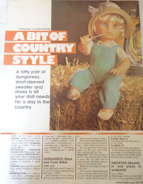 FIRST LOVE-A BIT OF COUNTRY STYLE-SWEATER-DUNGAREES-WOMAN'S VALUE AUGUST 1982