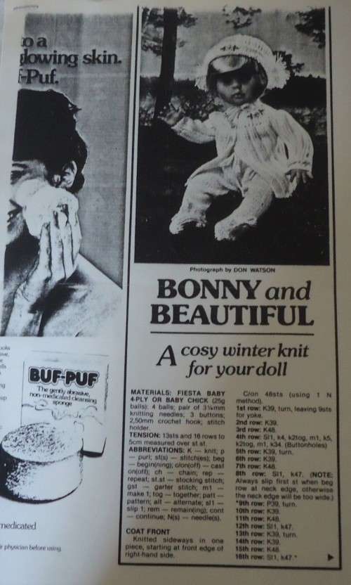 FIRST LOVE-DOLL-BONNY & BEAUTIFUL-COAT-LEGGINGS-BONNET-WOMEN'S VALUE JUNE 1981- PHOTOSTAT