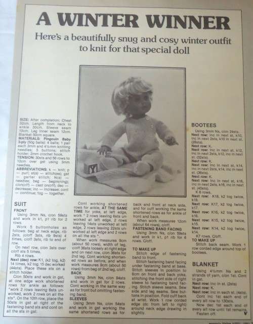 FIRST LOVE-DOLL-A WINTER WINNER-SUIT-BOOTEES-BLANKET-WOMEN'S VALUE APRIL 1981