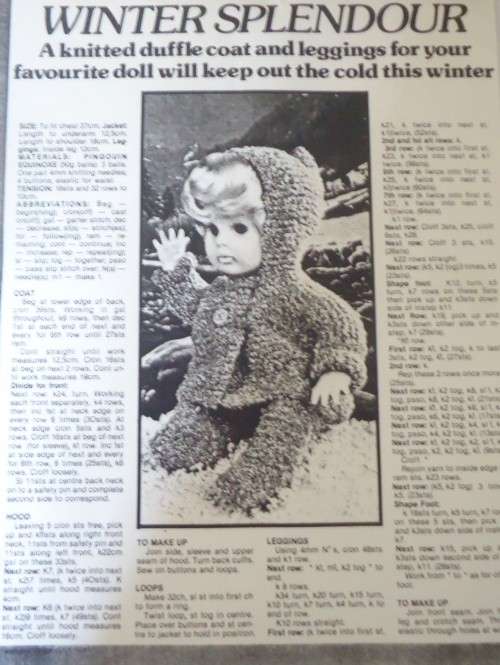 FIRST LOVE-DOLL-WINTER SPLENDOR-KNITTED DUFFEL COAT & LEGGINGS-WOMEN'S VALUE -JULY 1981