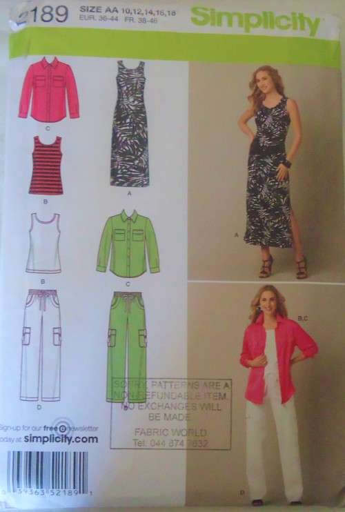 SIMPLICITY 2189 SHIRT-PANTS-KNIT DRESS OR TOP SIZE 10-12-14-16-18 COMPLETE