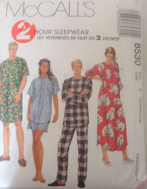 McCALLS 8530 UNISEX SLEEPWEAR SIZE Y=S-M-L (30 - 40") COMPLETE