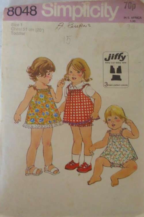 SIMPLICITY 8048  TODDLER DRESS-PINAFORE-BLOOMERS SIZE 1 YEAR CHEST 51 CM/20`  COMPLETE