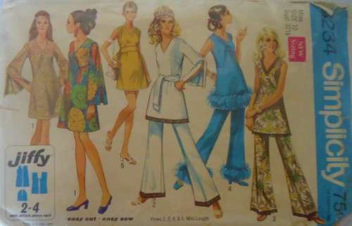 VINTAGE SIMPLICITY 8234  DRESS-MINI DRESS-TUNIC-BELL BOTTOM PANTS SIZE 10 BUST 321/2 COMPLETE-ZIPLOC