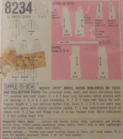 VINTAGE SIMPLICITY 8234  DRESS-MINI DRESS-TUNIC-BELL BOTTOM PANTS SIZE 10 BUST 321/2 COMPLETE-ZIPLOC