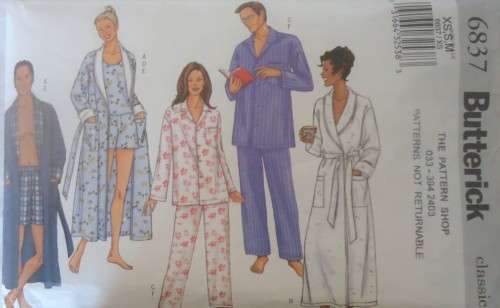 BUTTERICK 6837 UNISEX ROBE & BELT-TOP-SHORTS-PANTS SIZE XS-S-M (30-40")  -COMPLETE