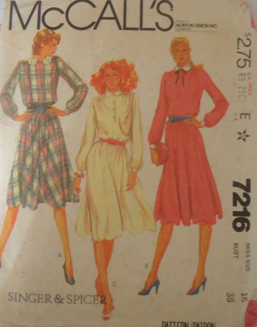 McCALLS 7216   PULLOVER DRESS SIZE 16 BUST 38` COMPLETE