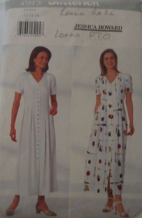 BUTTERICK 4913 LOOSE FITTING A-LINE DRESS WITH FRONT BUTTONS  SIZE 12-14-16  COMPLETE-CUT TO SIZE 16