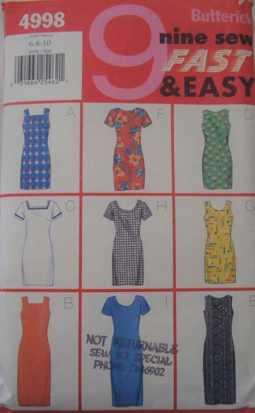 BUTTERICK 4998 FITTED STRAIGHT LINED DRESS SIZE 6-8-10 COMPLETE-CUT TO  SIZE 10