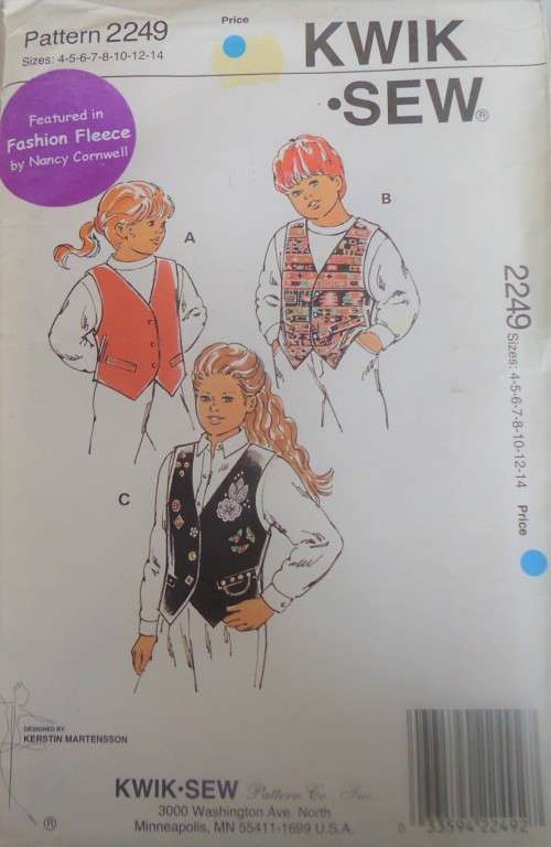KWIK SEW PATTERNS 2249  KIDS WAISTCOAT SIZES 4-5-6-7-8-9-10-12-14 YEARS- SEE LISTING