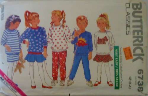 BUTTERICK 6738 TODDLERS TOP-SKIRT-PANTS SIZE 2-3-4 YEARS COMPLETE-WITH APPLIQUE