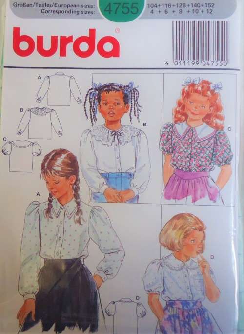 BURDA 4755 GIRLS BLOUSES SIZE 4-6-8-10-12 YEARS COMPLETE-PART CUT