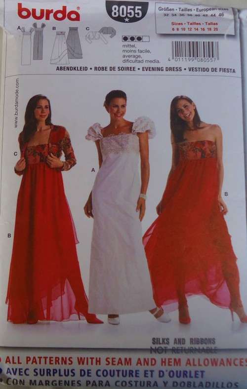 BURDA 8055 EVENING DRESS SIZE 6-8-10-12-14-16-18-20 COMPLETE-PART CUT