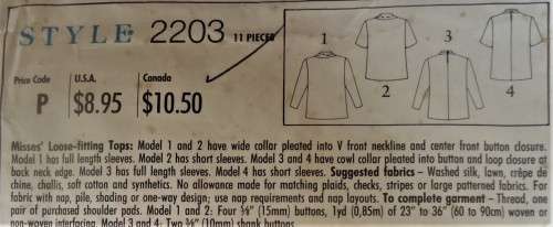 STYLE 2203 LOOSE FITTING TOPS SIZE A6-16  COMPLETE-ZIPLOC BAG