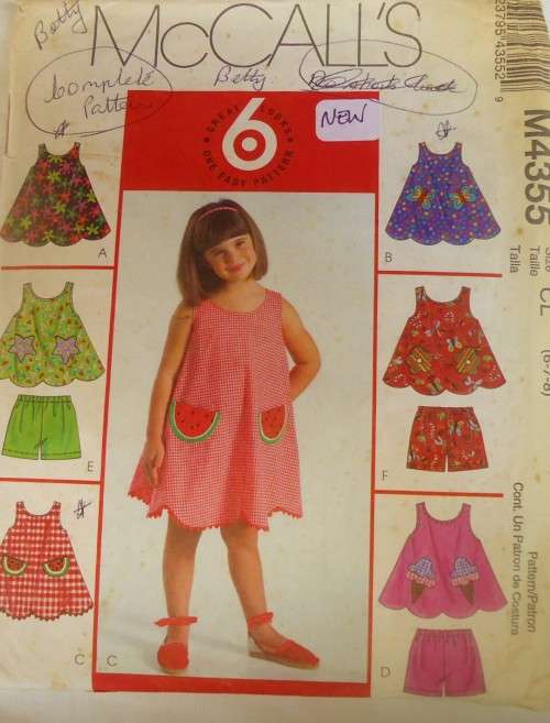 McCALLS M4355 GIRLS DRESS-TOP-SHORTS SIZE CL 6-7-8 YRS COMPLETE