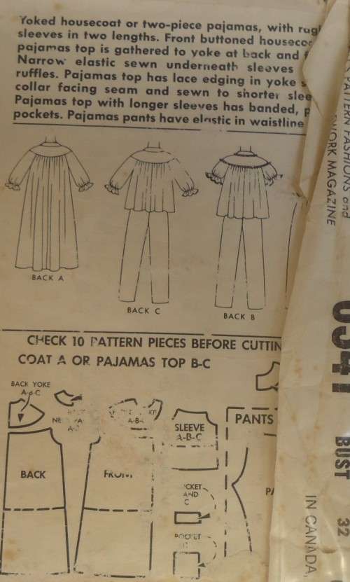 VINTAGE McCALLS 6341 HOUSECOAT AND PJS SIZE 12 BUST 32   COMPLETE-ZIPLOC BAG
