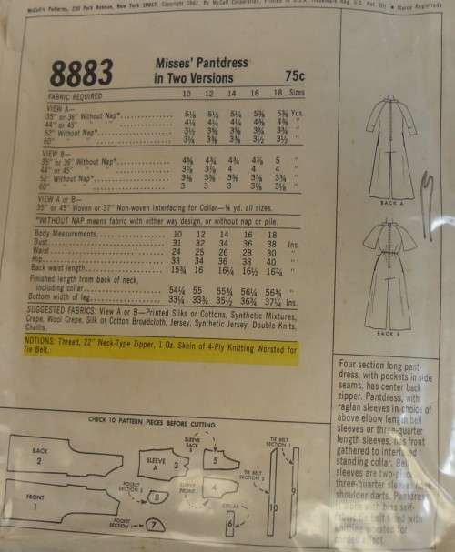 VINTAGE McCALLS 8883 PANTSDRESS IN 2 VERSIONS SIZE 10 BUST 31 COMPLETE-ZIPLOC BAG