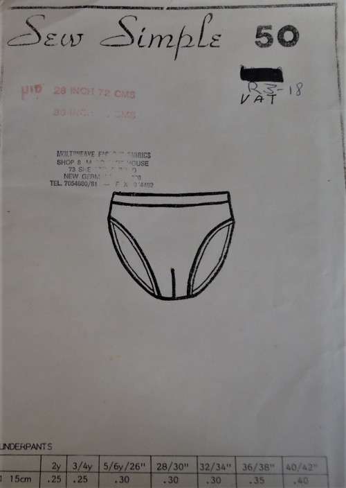 SEW SIMPLE PATTERNS #50 UNDERPANTS SIZE HIP 28 - 20 OR 72 - 76 CM